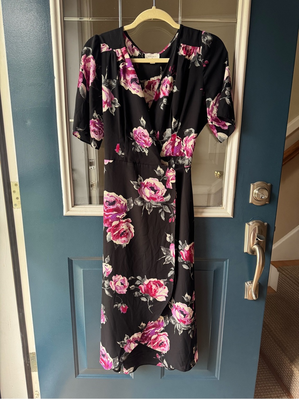 Everly Black Midi Dress with Pink Rose Print